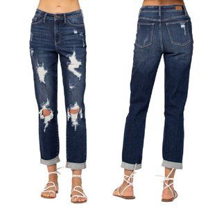 Judy Blue Destroyed High Waist Cuffed Boyfriend Jeans